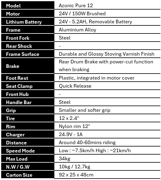 Azonic Pure 12 AZP12 Specifications 