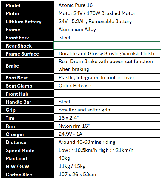 Azonic Pure 16 Specifications