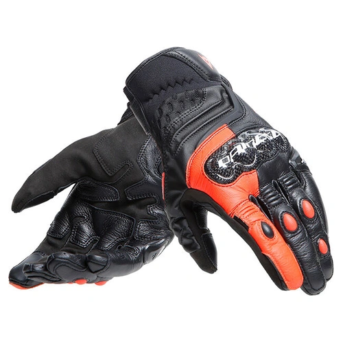 Dainese Carbon 4 Short Leather Gloves - Black/Fluro Red - S - SKU:4008379