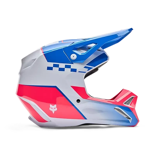 Fox 2026 Youth V1 Collect MX Helmet - Blue/Pink - YL - SKU:FO36379A01L
